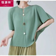 恒源祥（HYX）2025褶皺蝙蝠袖上衣寬松專(zhuān)柜打底單排扣高端減齡壓褶媽媽短袖T恤 淺綠色 均碼 200斤