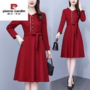 皮爾卡丹（pierre cardin）秋季新款高端氣質(zhì)時(shí)尚系帶收腰顯瘦甜美長(cháng)袖連衣裙女荷葉邊媽媽裙 酒紅色 今年流行的輕奢品牌 L