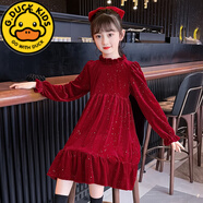 G.DUCKKIDS女童連衣裙2024春秋新款大氣兒童洋氣紅色禮服公主裙閃光長袖薄款 金絲絨閃光連衣裙棗紅 160