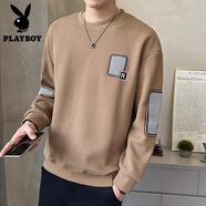 花花公子（PLAYBOY）衛衣男春季2025新款重磅潮牌刺繡休閑長(cháng)袖t恤寬松潮流圓領(lǐng)上衣服 1382卡其【款】 常規 3XL (約155-170斤可穿)