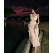 冉藝嵐同款海邊度假三亞旅游拍照衣服超仙沙灘裙純欲風(fēng)吊帶性感露背連衣 白色 S