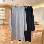 ROAR UTHAUG中長(cháng)款過(guò)膝棉白色長(cháng)袖連衣裙女秋季2025新款大碼寬松開(kāi)叉t恤裙子 -灰色（純色） S (建議70-90斤)