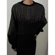 HUALIN FASHION歐美風(fēng)ins針織毛衣女連衣裙兩件套時(shí)尚純色套頭女裝 黑色-釘珠 均碼