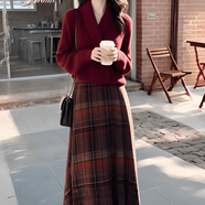 瓏覓2025秋季穿搭少女一整套3922+3923小香風(fēng)紅色高級(jí)感加厚毛衣針織 上衣+半身裙兩件 XL 建議120-140斤