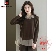 AEMAPE假兩件針織衫女上衣女士時(shí)尚洋氣秋冬款2025新款長(cháng)袖襯衣打底衫 咖啡色 L