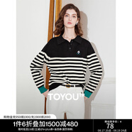 初語條紋毛衣女套頭修身2023冬季新款小個子POLO領寬松顯瘦針織衫 黑白條 L