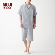 無(wú)印良品（MUJI）男式 無(wú)側(cè)縫泡泡紗短袖睡衣男士家居服套裝男款夏季純棉全棉 藏青色條紋 M