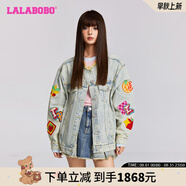 LALABOBO設(shè)計感水果刺繡寬松牛仔外套女裝潮休閑個性毛邊夾克LBDC-WSJW11 淺藍白 常規(guī) S