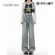 OLDER SEA復(fù)古垂感牛仔褲夏季女設(shè)計(jì)感高腰辣妹小個(gè)子寬松直筒拖地闊腿褲女 淺藍(lán)色 M 建議95-105斤