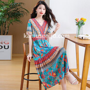 墨兒伊（MOREYI）卡姆森2025新款氣質(zhì)棉綢連衣裙女夏季時(shí)尚中年人造棉印花綿綢裙子 藍色 XL