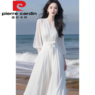 皮爾卡丹（pierre cardin）開(kāi)春溫柔系穿搭高端精致輕奢感海邊度假風(fēng)白色仿真絲雪紡連衣裙 白色(帶口袋)今年流行的輕奢品牌 XL 建議115-125斤