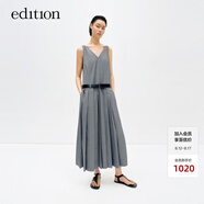 edition連衣裙女夏新款無袖V領(lǐng)羊毛背心裙西裝百褶長裙配腰帶 淺花灰色 L/170