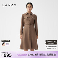 朗姿春冬新款長袖中長款收腰羊毛襯衫連衣裙女法式氣質(zhì) 冰咖啡色 S