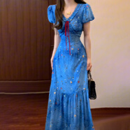 潯菲海邊沙灘裙度假連衣裙夏天女2025年新款法式絕美藍色v領(lǐng)碎花夏季 藍色今年流行/獨特漂亮掐腰裙/1 S 40/45kg/