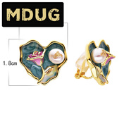 MDUG玫瑰愛(ài)珍珠耳夾女士無(wú)穿刺耳環(huán)新光豪華高品質(zhì)綠色假風(fēng)格耳環(huán) 金藍彩色[耳夾]H61