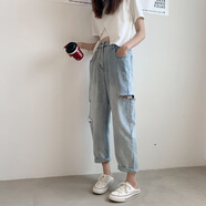 濮水方方春夏韓版2025BF風(fēng)破洞闊腿褲淺色哈倫牛仔褲老爹褲女裝 腰帶+918淺藍(lán)破洞 S