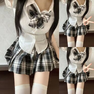 織姬jk制服收腰襯衫女上衣短袖春夏學(xué)院風(fēng)修身顯瘦白色襯衣辣妹套裝女 白色短袖+黑板報裙+蝴蝶結(jié) L