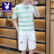 花花公子;PLAYBOY冰絲條紋套裝男2025年新款潮牌帥氣短袖短褲休閑簡約百搭搭配一套 抹茶綠(上衣+褲子) S