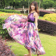 吊帶連衣裙無(wú)袖露肩雪紡碎花歐美小清新裙子女裝2023新款夏女掛脖 吊帶紫色數碼印花 S 裙長(cháng)125身高165-169