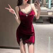 GABALMANIA性感夜店辣妹誘惑黑色打底連衣裙韓國絨蕾絲吊帶包臀短裙女潮 酒紅色 S