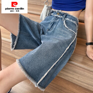 皮爾卡丹（pierre cardin）夏季薄款毛邊復古五分休閑短褲女流蘇高腰寬松闊腿褲ins潮5分中褲 藍 毛邊 XS 70-80斤