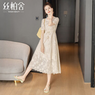 絲柏舍圓領(lǐng)連衣裙2026夏裝新款蕾絲拼接短袖優(yōu)雅大碼女裝A字裙