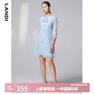 藍(lán)地（LANDI）系帶圓領(lǐng)撞色蕾絲連衣裙女春季新款七分袖收腰短裙 淺藍(lán)色 XL