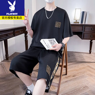 花花公子男士短袖套裝休閑運動一套衣服青少年寬松潮流T恤短褲夏季兩件套 TZ881套裝 黑色 L (建議110-125斤)