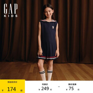 GAP女童2025夏季新款小熊刺繡海軍領(lǐng)百褶連衣裙兒童裝運(yùn)動(dòng)767071