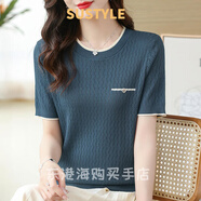 SUSTYLE奢侈高檔品牌中老年女裝2025夏新款短袖t恤女高端輕奢媽媽裝寬松 藍色 M （90-105斤）