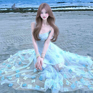 ONEDEW國(guó)際品牌女裝海邊度假甜美風(fēng)藍(lán)色立體花朵吊帶洋裝漂亮獨(dú)特超好看 藍(lán)色（禮盒包裝） L