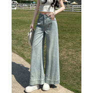 以純（YISHion）美式闊腿牛仔褲女夏薄款小個子高腰顯瘦寬松垂感直筒九分微喇叭褲淺藍(lán)長褲S