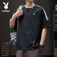 花花公子（PLAYBOY）短袖T恤男半袖上衣男士半截袖夏季圓領(lǐng)輕薄寬松舒適彈力體恤 黑色 XL （建議130-150斤）