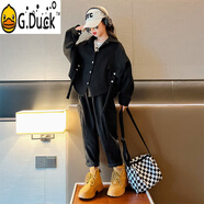 G.DUCKKIDS女童套裝春秋季2025新款兒童工裝大童衣服時(shí)髦寬松蝙蝠衫兩件套 黑色-兩件套 150 cm