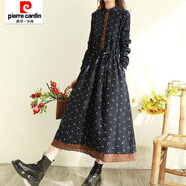 皮爾卡丹出口日系原單復古蕾絲邊碎花長(cháng)袖棉麻連衣裙系帶收腰顯瘦長(cháng)裙 藏青色 M 【建議95-115斤】