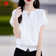 皮爾卡丹（pierre cardin）落肩短袖T恤女夏季小衫短款2025新款純色配半身裙配闊腿褲的上衣 白色-短袖上衣 M 建議85-100斤