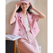 德瑪納（dme）【西裝領(lǐng)外套】夏款網(wǎng)紅風(fēng)平駁領(lǐng)墊肩裝飾短袖小外套女 粉紫色 S