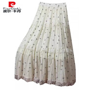 皮爾卡丹法式小清新蝴蝶結碎花半身裙女2025夏季新款蕾絲拼接垂墜感長(cháng)裙子 米白色 L