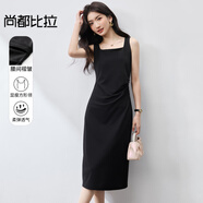 尚都比拉赫本風氣質(zhì)方領(lǐng)無袖連衣裙女秋季開衩背心小黑裙性感顯瘦中長裙