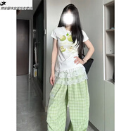 創(chuàng)京懿選格子褲女夏新款美式甜辣風(fēng)休閑運(yùn)動(dòng)服蘋(píng)果印花修身短袖長(zhǎng)褲兩件套 長(zhǎng)褲【單件】 S 【建議90斤內(nèi)】