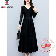 AEMAPE連衣裙2025春夏季裝新款長(cháng)袖蕾絲收腰顯瘦遮肚子時(shí)尚大擺長(cháng)裙女 黑色 3XL