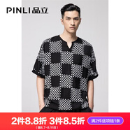 PINLI品立短袖T恤男夏季潮牌幾何格子印花V領(lǐng)半袖男士體恤 黑色 2XL 185