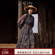 EIN言浪漫碎花印花蕾絲翻領(lǐng)長(zhǎng)燈籠袖文藝雪紡連衣裙2025夏季新款 石墨黑 L