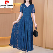 皮爾卡丹（pierre cardin）中國(guó)風(fēng)淑女?huà)寢屟髿膺B衣裙大碼2025夏新款復(fù)古顯瘦過(guò)膝長(zhǎng)裙子 淑女藍(lán) L 建議(90-105斤)