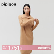 皮皮狗秋冬新品復(fù)古大翻領(lǐng)羊絨連衣裙元寶針長袖半開襟拉鏈針織長裙 D15冬麥色 L 165/88A