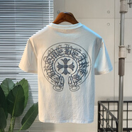貓容歐貨潮牌梵文印花T恤男潮牌休閑短袖圓領(lǐng)輕奢時(shí)尚十字架上衣 白色 S _建議80-95斤