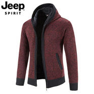JEEP SPIRIT2025秋冬加絨加厚連帽毛衣外套男士歐美流行撞色針織開(kāi)衫帥氣夾克 紅色 紅色 M