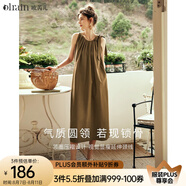 Olrain歐芮兒棕色無袖連衣裙女夏季新款寬松度假風(fēng)掛脖裙子沙灘裙 棕色 M