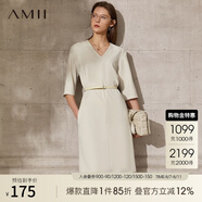 AMII極簡時尚通勤chic感V領(lǐng)H型連衣裙夏季新款寬松中袖裙子 淺杏 L 165/88A