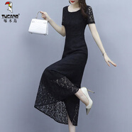啄木鳥(niǎo)韓版黑色高檔蕾絲連衣裙女夏季2025新款知性?xún)?yōu)雅氣質(zhì)長(cháng)款減齡長(cháng)裙 黑色短/袖 858# 4XL 【145-160斤】